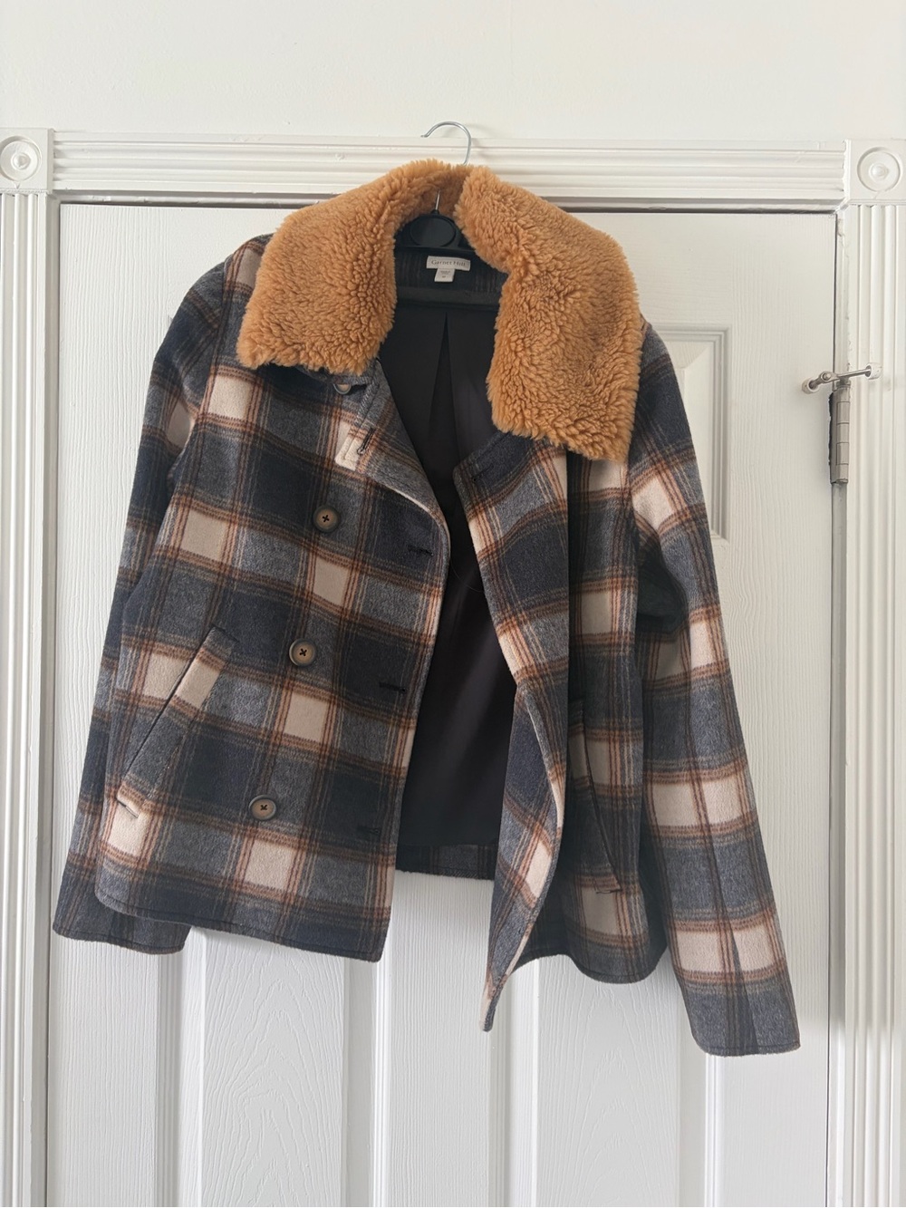 Garnet Hill Plaid Wool-Blend Peacoat with Tan Faux Shearling Collar